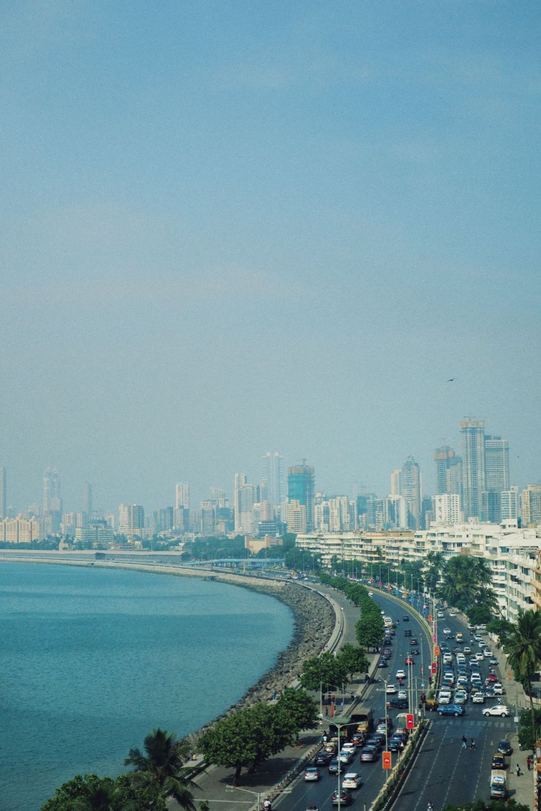 Aerial view of Marine Drive and the Mumbai skyline along the Arabian Sea